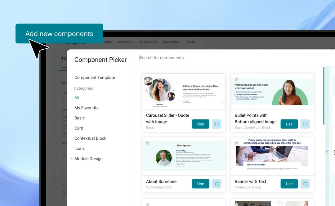 Component picker pop up with cursor hovering on add new components button