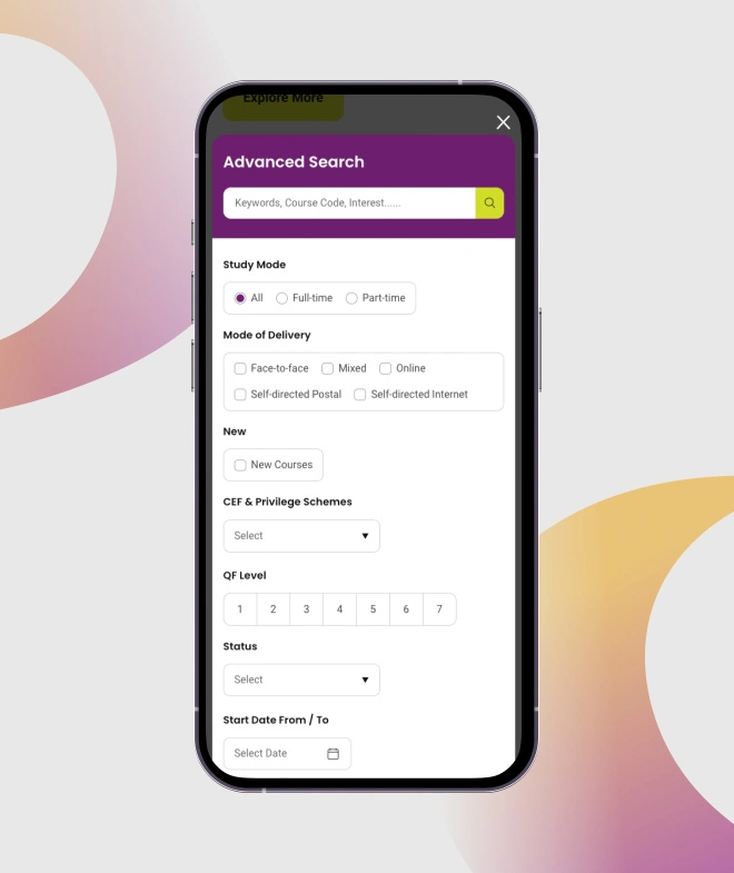Mobile view showing advance search window