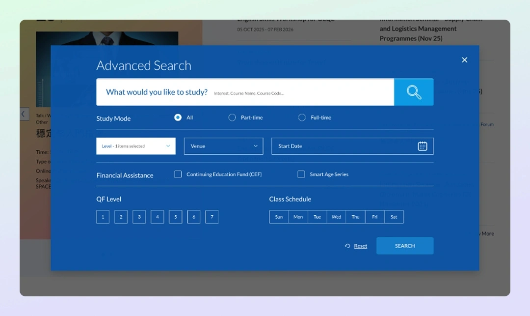 Advanced Programme Search pop up