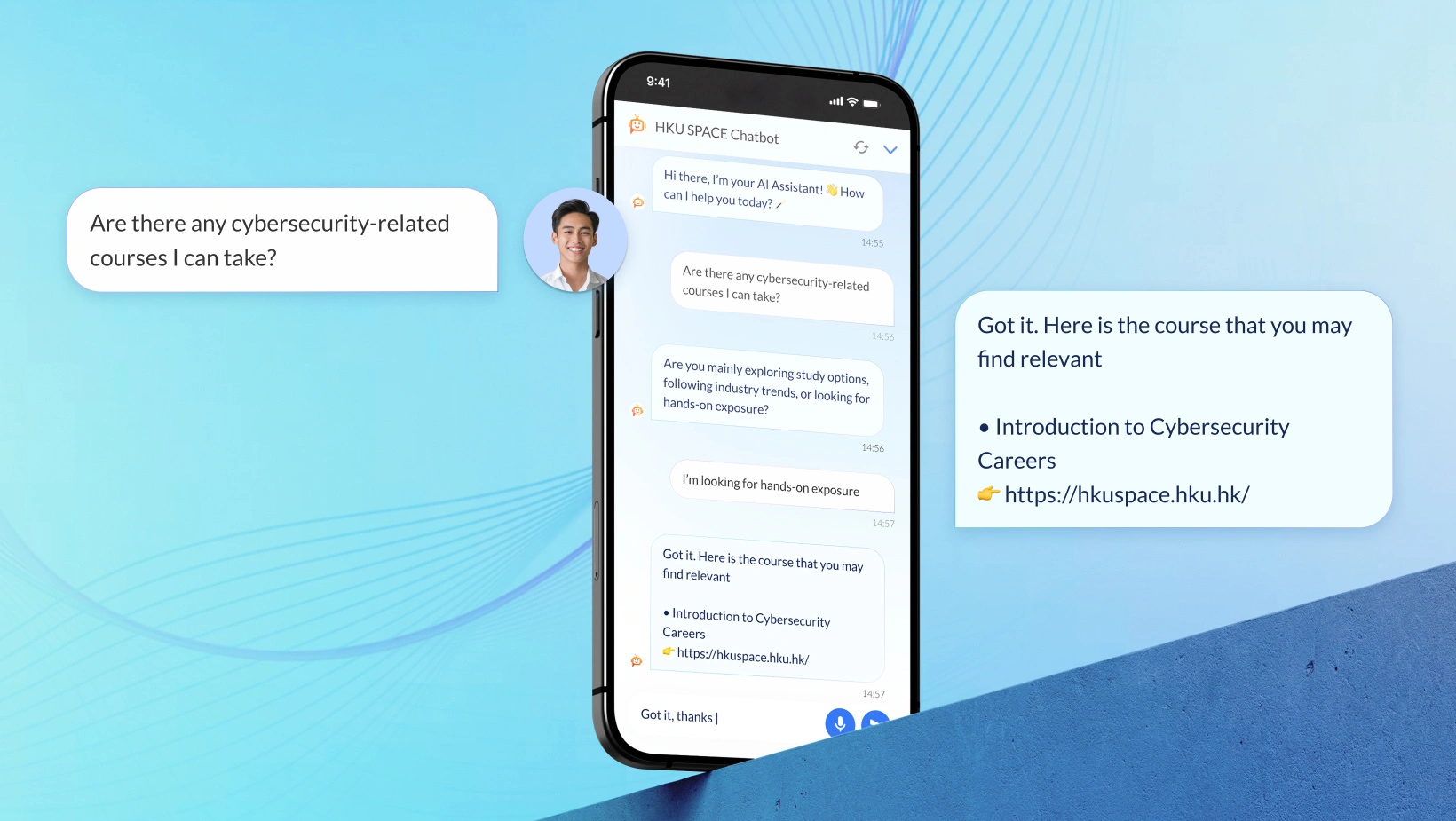 HKU SPACE with AI Chatbot pop up opened on right side