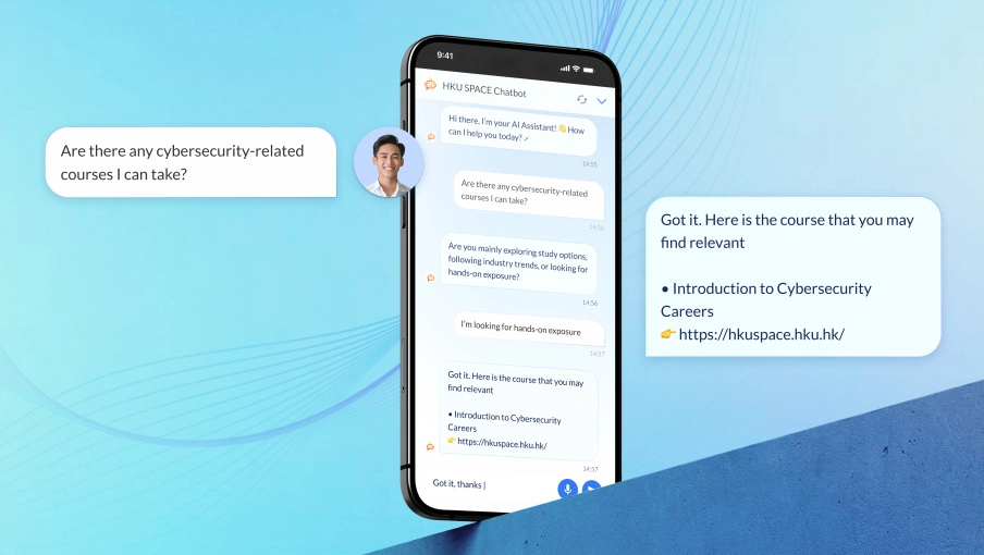 HKU SPACE with AI Chatbot pop up opened on right side